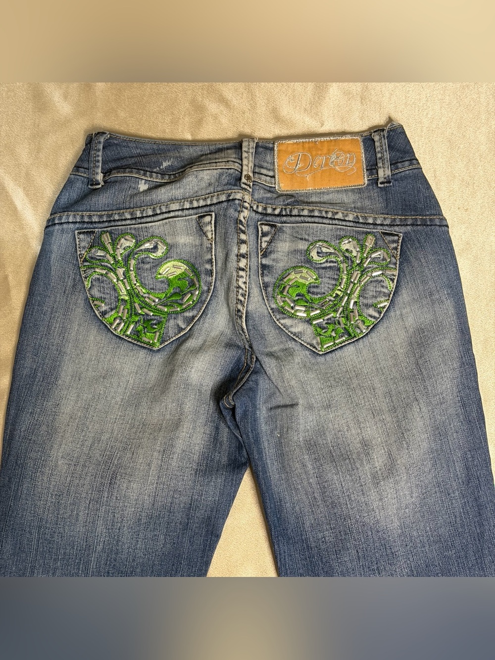 Rare Vintage Y2K Dereon Skinny Jeans Sequin Green Pockets Medium Wash Size 1/2